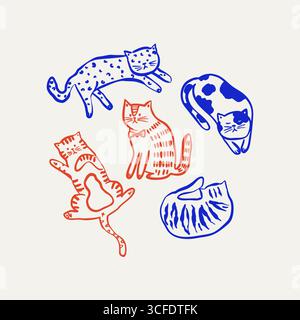 Set di clipart per gatti disegnato a mano con gattini simpatici e stravaganti in stile doodle alla moda. Illustrazione Vettoriale