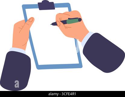 Le mani dei Businessman che tengono la penna o gli appunti con un foglio di carta bianco. Uomo che scrive obiettivi o lista di cose da fare. Piano documenti aziendali. Carta per appunti all'indirizzo Illustrazione Vettoriale