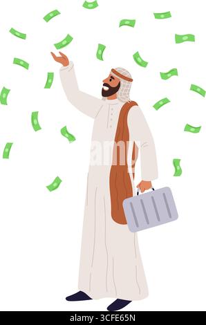 Uomo d'affari arabo con valigia da lavoro e soldi che cadono dall'alto. Successo finanziario. Le banconote in contanti piovono. Business di successo a Dubai. Uomo arabo Illustrazione Vettoriale