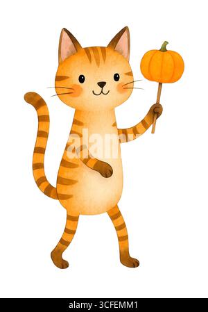 Carino Cat Halloween Illustration - Gattino spettrale con cappello da strega isolato su bianco, JPG Foto Stock
