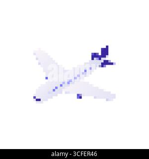 Icona dell'aeroplano con pixel art a mosaico con stile cartoni animati e design piatto nei toni blu e bianco Illustrazione Vettoriale
