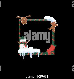 Cornice quadrata a mosaico con pixel di pupazzo di neve natalizio e decorazioni natalizie Illustrazione Vettoriale