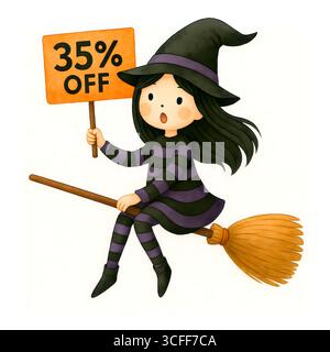Simpatica illustrazione del cartello promozionale Strega di Halloween, personaggio spettrale Clipart Foto Stock