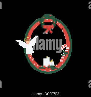 Mosaico pixel art corona di natale con angeli candele e canna da zucchero Illustrazione Vettoriale