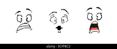 Icone di pixel art a mosaico che mostrano volti emoji sorpresi, riflettenti e urlanti Illustrazione Vettoriale