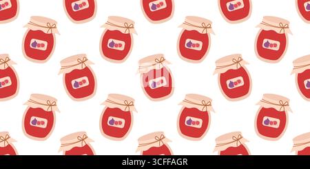 Motivo autunnale senza cuciture con vasetto di marmellata in stile piatto. Un'accogliente illustrazione vettoriale per sfondi digitali, stampe e striscioni Illustrazione Vettoriale
