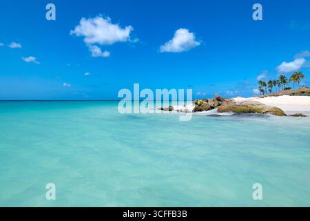 Una splendida vista della spiaggia di Divi, Aruba, con acque turchesi cristalline e una spiaggia incontaminata di sabbia bianca. Foto Stock