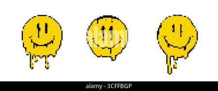 Facce smiley gialle pixelate con effetto gocciolante su sfondo bianco Illustrazione Vettoriale