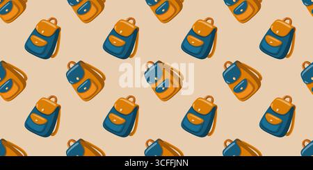 Motivo senza cuciture con zaini arancioni e blu su sfondo beige. Schema di ritorno a scuola. Sfondo vettoriale cartoni animati. Illustrazione Vettoriale