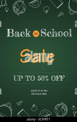 Modello pronto per l'uso sul tema del ritorno a scuola. Lavagna verde con materiale scolastico e un test di sconto nel mezzo. Sfondo vettoriale Illustrazione Vettoriale