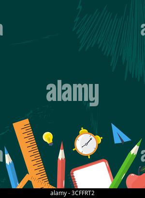 Sfondo colorato Back to School con lavagna verde, matite, righello, notebook, sveglia, mela, lampadina e pialla di carta. Concetto di istruzione, illustrazione vettoriale Illustrazione Vettoriale