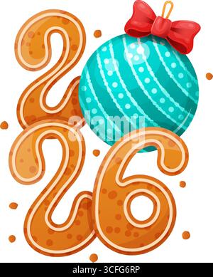 2026 realizzato con biscotti al pan di zenzero e palla di natale, design festivo e accogliente, perfetto per feste di Capodanno e progetti a tema natalizio. Illustrazione Vettoriale