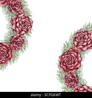 Rose di Borgogna e rami di pino, incorniciano l'illustrazione quadrata ad acquerello. Allestimento floreale invernale, perfetto per Natale, Capodanno, matrimonio o vacanza Foto Stock