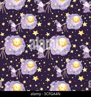 L'astronomo GNOME guarda attraverso il telescopio il cielo stellato della notte di luna, con un motivo senza cuciture ad acquerello per il design dei bambini. Elfi illustrativi disegnati a mano da Foto Stock