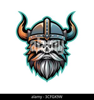 Vettore del logo del teschio dell'elmetto con corna. Forte illustrazione del volto guerriero ispirata alla fantasia medievale, all'arte gotica e al simbolismo degli emblemi scuri. Illustrazione Vettoriale