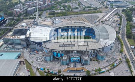 Vista aerea dell'Etihad Stadium e della nuova North Stand durante la partita di Premier League Manchester City vs Tottenham Hotspur all'Etihad Stadium, Manchester, Regno Unito, 23 agosto 2025 (foto di Mark Cosgrove/News Images) Credit: News Images Ltd/Alamy Live News Foto Stock