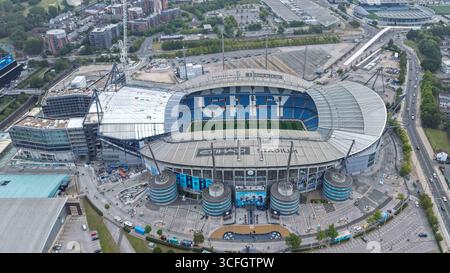 Manchester, Regno Unito. 23 agosto 2025. Una vista aerea dello stadio Etihad e della nuova North Stand durante la partita di Premier League Manchester City vs Tottenham Hotspur all'Etihad Stadium, Manchester, Regno Unito, 23 agosto 2025 (foto di Mark Cosgrove/News Images) a Manchester, Regno Unito il 23/8/2025. (Foto di Mark Cosgrove/News Images/Sipa USA) credito: SIPA USA/Alamy Live News Foto Stock