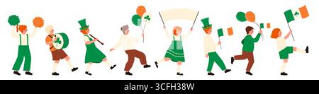 I bambini felici in costumi verdi marciano con bandiere irlandesi, palloncini e striscioni per la sfilata del giorno di San Patrizio, perfetto per i temi della cultura irlandese e irlandese, illustrazione vettoriale isolata Illustrazione Vettoriale
