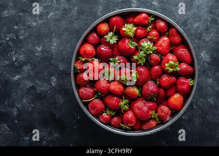 Fragole rosse fresche in un recipiente di metallo con acqua per il lavaggio dopo la raccolta, primo piano, spazio di copia, vista dall'alto. Fragole rosse deliziose e succose Foto Stock
