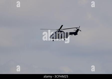 Netherlands Air Force AS532 U2 Cougar Mk2 S-441 sorvolando Amsterdam, Paesi Bassi, elicottero di media altezza con la porta dell'equipaggio aperta contro il cielo nuvoloso. Foto Stock