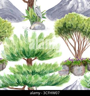 Paesaggio asiatico con motivo ad acquerello senza cuciture. Pini, arbusti decorativi da giardino, aironi grigi su rocce e montagne lontane. Giardino asiatico, ideale Foto Stock