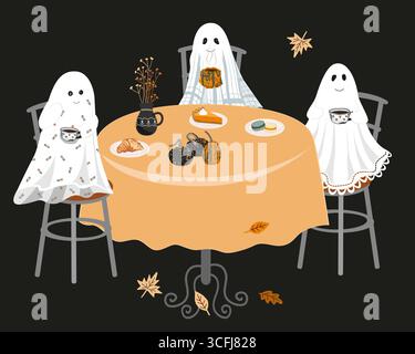 I fantasmi di Halloween incontrano l'illustrazione vettoriale. Simpatici fantasmi seduti al tavolo e bevevano tè con torta di zucca. Scena di festa di Halloween Illustrazione Vettoriale