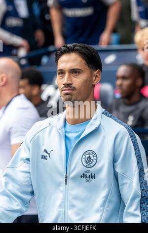 Manchester, Regno Unito. 23 agosto 2025. MANCHESTER, INGHILTERRA - 23 AGOSTO: Tijjani Reijnders del Manchester City durante una partita di Premier League 2025/26 tra Manchester City e Tottenham Hotspur all'Etihad Stadium il 23 agosto 2025 a Manchester, Inghilterra. (Richard Callis/SPP) credito: SPP Sport Press Photo. /Alamy Live News Foto Stock