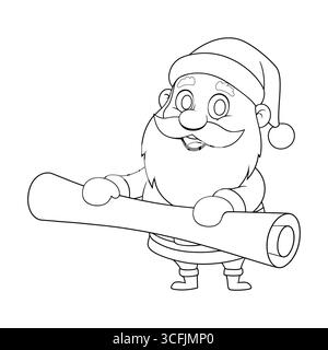 Un contorno vettoriale di un personaggio cartoni animati di Babbo Natale con barba, baffi e un volto sorridente, indossando un tradizionale cappello di Babbo Natale e un costume. Illustrazione Vettoriale