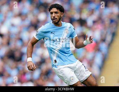 Manchester, Regno Unito. 23 agosto 2025. Omar Marmoush del Manchester City durante la partita Manchester City vs Tottenham Hotspur Premier League all'Etihad Stadium di Manchester. Il credito per immagini dovrebbe essere: Andrew Yates/Sportimage Credit: Sportimage Ltd/Alamy Live News Foto Stock