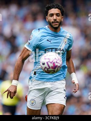 Manchester, Regno Unito. 23 agosto 2025. Omar Marmoush del Manchester City durante la partita Manchester City vs Tottenham Hotspur Premier League all'Etihad Stadium di Manchester. Il credito per immagini dovrebbe essere: Andrew Yates/Sportimage Credit: Sportimage Ltd/Alamy Live News Foto Stock