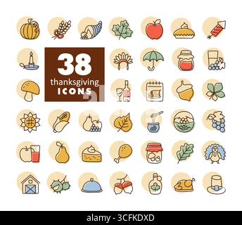Una collezione completa di 38 icone d'arte di linea per il Ringraziamento e le vacanze autunnali. Il set include una varietà di simboli tradizionali, perfetti per W Illustrazione Vettoriale
