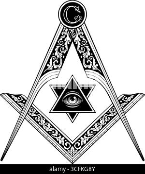 Tutti vedendo la piramide degli occhi, il simbolo illuminati, la piazza delle società segrete e la bussola Illustrazione Vettoriale