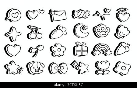 Kawaii Doodle art Character, lettere d'amore, cuori, fiori e adesivi con icone romantiche Foto Stock