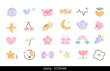 simpatici personaggi dei cartoni animati, lettere d'amore, cuori, fiori e adesivi con icone romantiche Foto Stock