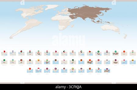 Mappe rettangolari dell'Asia con perni di bandiera. Collezione di mappe per l'Asia. Illustrazione vettoriale. Illustrazione Vettoriale