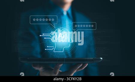 Chatta con l'intelligenza artificiale o la tecnologia di intelligenza artificiale. Uomo che chatta virtuale con un'intelligenza artificiale intelligente e digita il prompt dei comandi Foto Stock