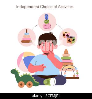 Illustrazione vettoriale di un bambino che decide ponderatamente tra i vari giocattoli. Rappresenta il processo decisionale indipendente e la creatività con opzioni colorate di giocattoli come blocchi, anelli impilabili e un dinosauro. Illustrazione Vettoriale
