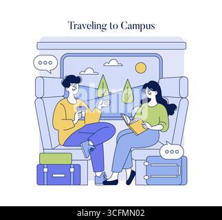 Illustrazione vettoriale di due studenti in carrozza che viaggiano verso il campus. Sono impegnati in una conversazione, con uno che legge un libro e l'altro che tiene una tazza di caffè, circondati da bagagli. Illustrazione Vettoriale