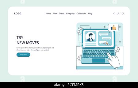 Immagine vettoriale di un'interfaccia online che mostra una mano che interagisce con lo schermo di un laptop che visualizza un profilo digitale. Include icone di approvazione ed elementi di comunicazione. Illustrazione Vettoriale