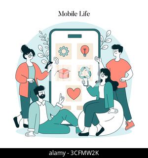 Immagine vettoriale di un gruppo che interagisce con uno smartphone gigante, mostrando icone di app come Gear, Heart e Recycle. Le persone esprimono interesse ed entusiasmo per la tecnologia mobile. Illustrazione Vettoriale