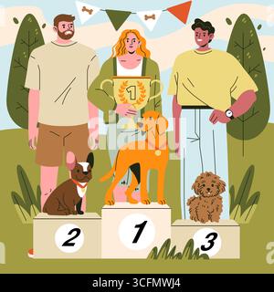 Illustrazione vettoriale di una cerimonia di premiazione di una mostra canina con tre persone che sorridono con i loro cani sui podi. Ogni cane indossa una medaglia, celebrando i suoi successi. Illustrazione Vettoriale