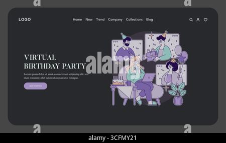 Illustrazione vettoriale di persone che celebrano una festa di compleanno virtuale. L'immagine mostra persone diverse che si connettono tramite videochiamata, indossano cappelli da festa e si godono un'atmosfera festosa. Illustrazione Vettoriale