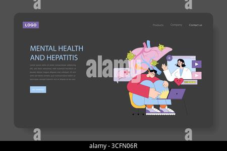 Illustrazione vettoriale che evidenzia la connessione tra salute mentale ed epatite. Presenta una persona seduta con un simbolo del cuore, fegato, illustrazione del medico e virus. Illustrazione Vettoriale