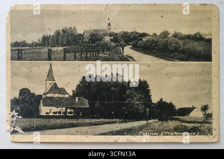 Una cartolina molto antica e parzialmente danneggiata mostra la Chiesa della Natività di Maria nel villaggio sloveno di Tišina, fotografata da due angolazioni Foto Stock