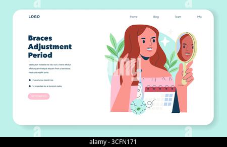 Illustrazione vettoriale di una donna con bretelle che guarda in uno specchio durante un periodo di regolazione delle bretelle. Mostra elementi come calendario, strumenti dentali e un'espressione ponderata. Illustrazione Vettoriale