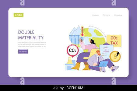 Illustrazione vettoriale che mostra l'impatto dell'imposta sulle emissioni di CO2 sull'ambiente e sull'economia. Presenta individui che analizzano i cambiamenti climatici e le implicazioni finanziarie relative alle emissioni di biossido di carbonio. Illustrazione Vettoriale