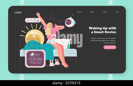 Immagine vettoriale di una donna che si sveglia con l'aiuto di dispositivi intelligenti. Si allunga energicamente a letto, circondata da gadget digitali che visualizzano il meteo e i dati della casa intelligente. Illustrazione Vettoriale