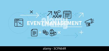 Icone illustrative del banner Gestione eventi che rappresentano la pianificazione, dalla pianificazione e comunicazione al budget e all'organizzazione e all'esecuzione della logistica Illustrazione Vettoriale