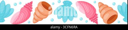 bordo senza cuciture con conchiglie in vivaci sfumature di rosa, blu e arancione, perfetto per la spiaggia, l'estate, o disegni a tema nautico. Illustrazione Vettoriale