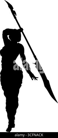Immagine della silhouette di una guerriera che tiene in mano due armi in posa dinamica. Forte, audace e perfetto per la fantasia, la battaglia, il gioco o il combattimento Illustrazione Vettoriale